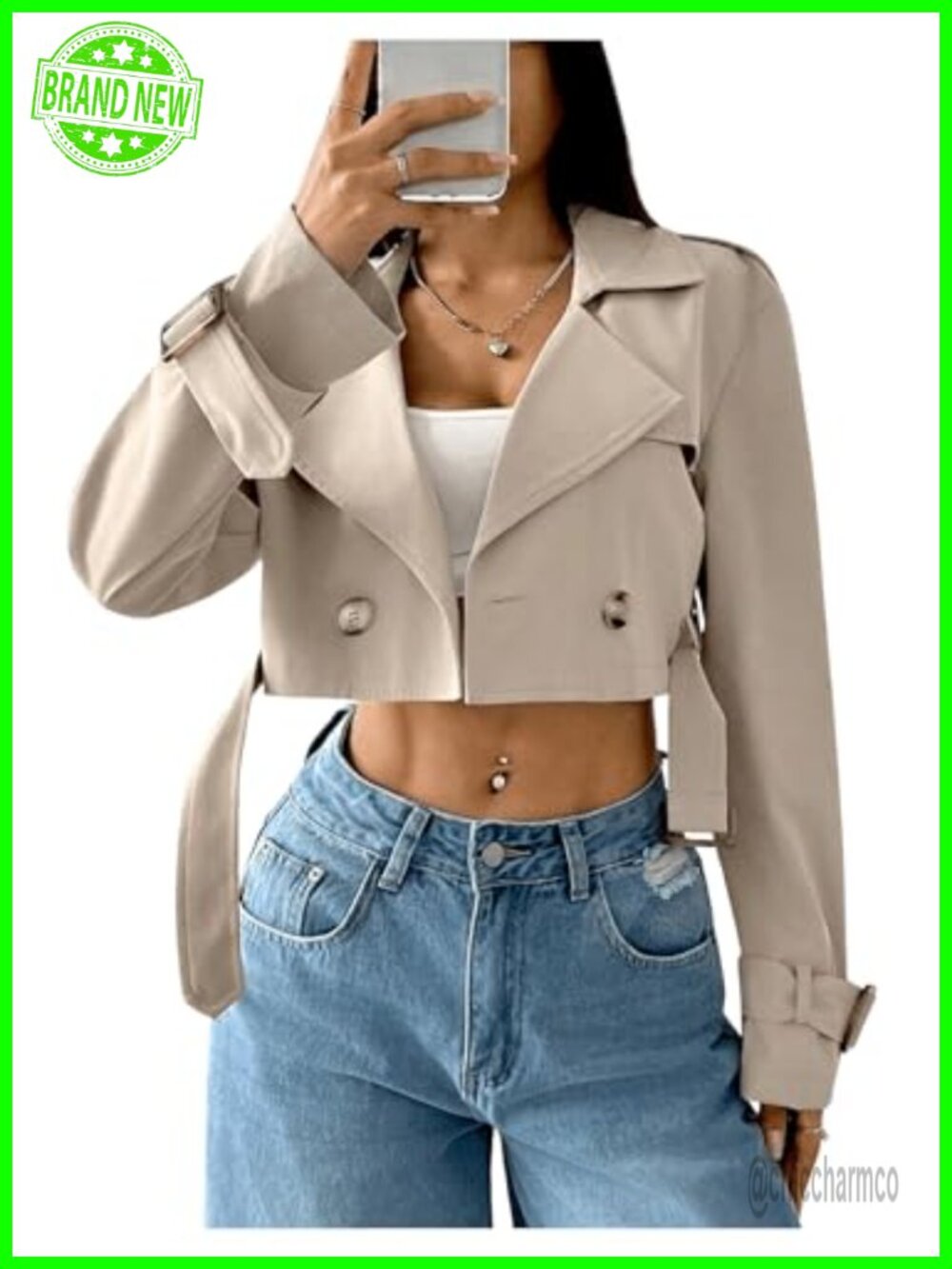 Women's Cropped Trench Coat Long Sleeve Double Breasted with Buckle Sleeves,